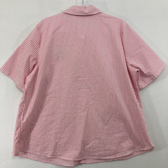 Quacker Factory Top sz 1X Pink White Striped Embroidered Short Sleeve Button Up - Picture 8 of 9